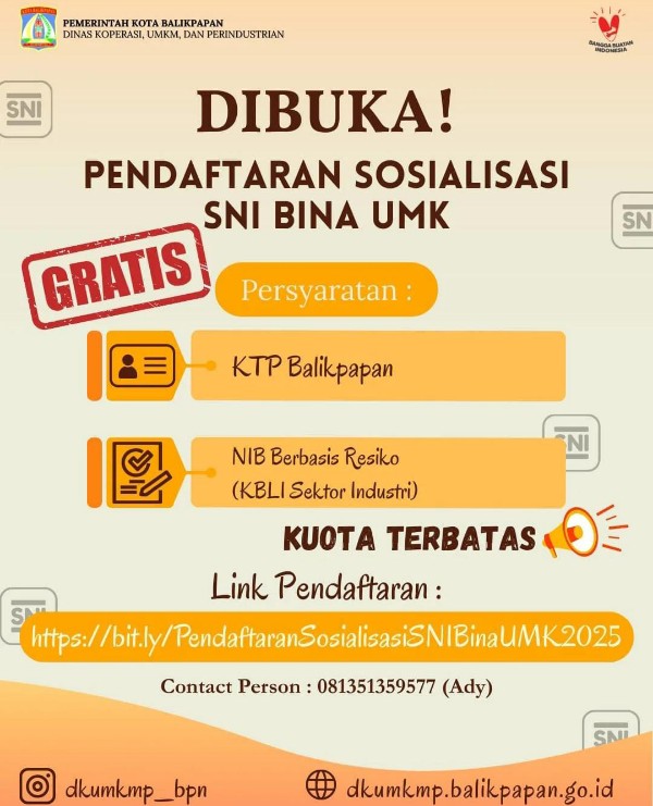 Pendaftaran Sosialisasi SNI Bina UMK Dibuka! DKUMKMP Ajak Pelaku Usaha Tingkatkan Standar Produk